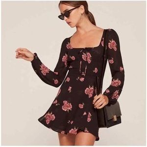 Reformation Black Floral Long-Sleeve Mini Dress